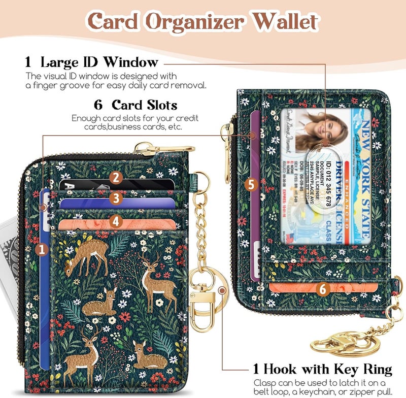 GIANCOMICS Slim Wallet Credit Card Holder Women, Cute Deer Rfid Blocking Small Card Case, Keychain Thin Pocket Curved Zipper Wallet, Travel Card Holder PU Leather ID Window, Ladies Female Gifts - Image 4